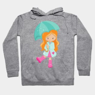 Girl With Umbrella, Girl In Raincoat, Orange Hair Hoodie